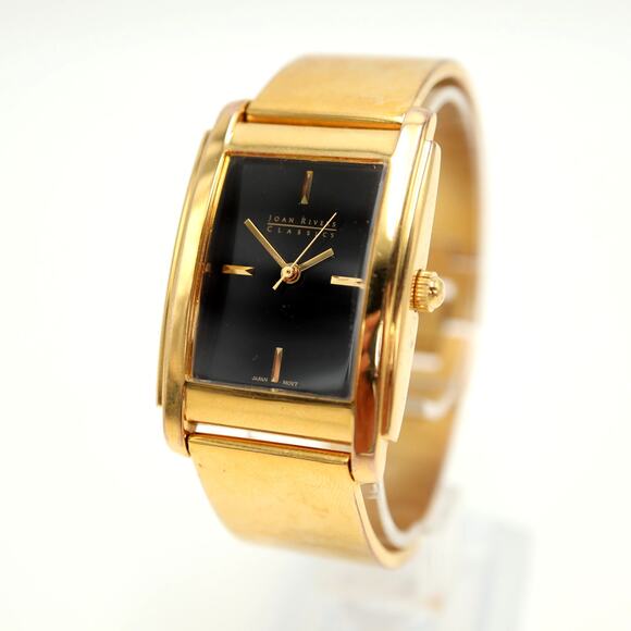 Joan Rivers Gold Tone Black Dial Womens Tank Watch Cuff Bracelet w New Battery - Picture 1 of 13